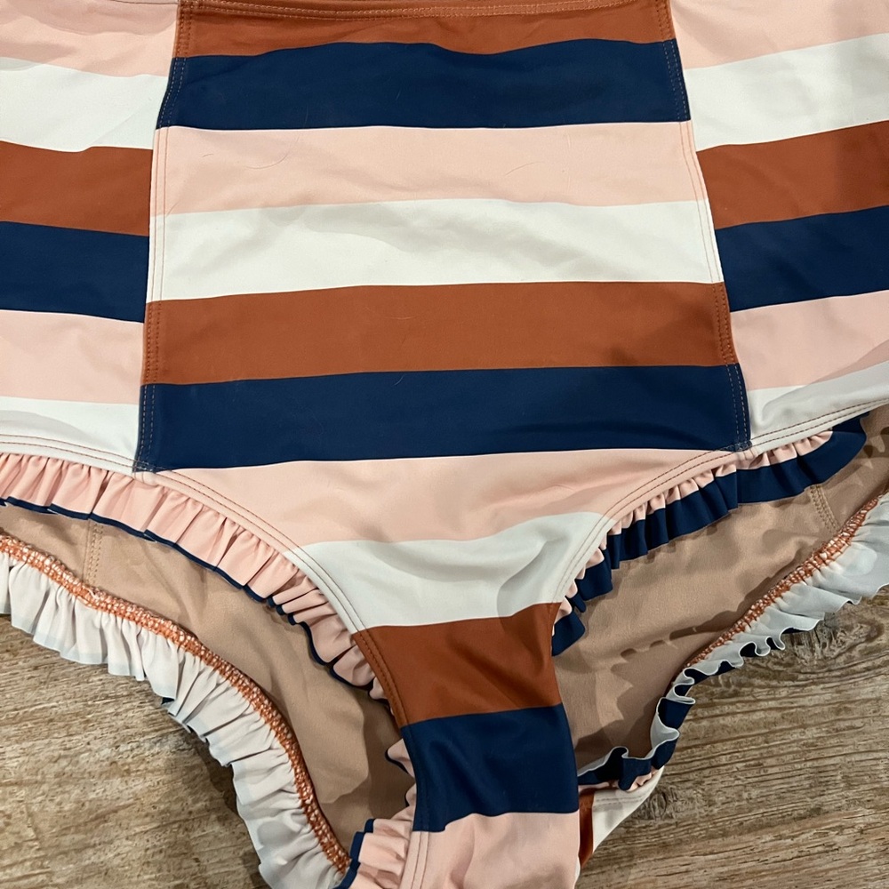 Kortni Jeane Striped Swim Bottoms - Navy, White, and Tan